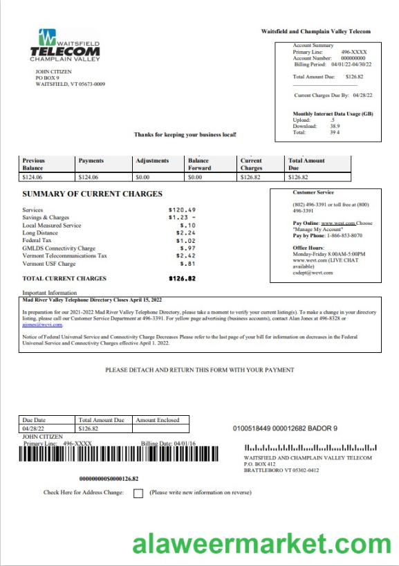 USA Waitsfield Telecom utility bill template in Word and PDF format